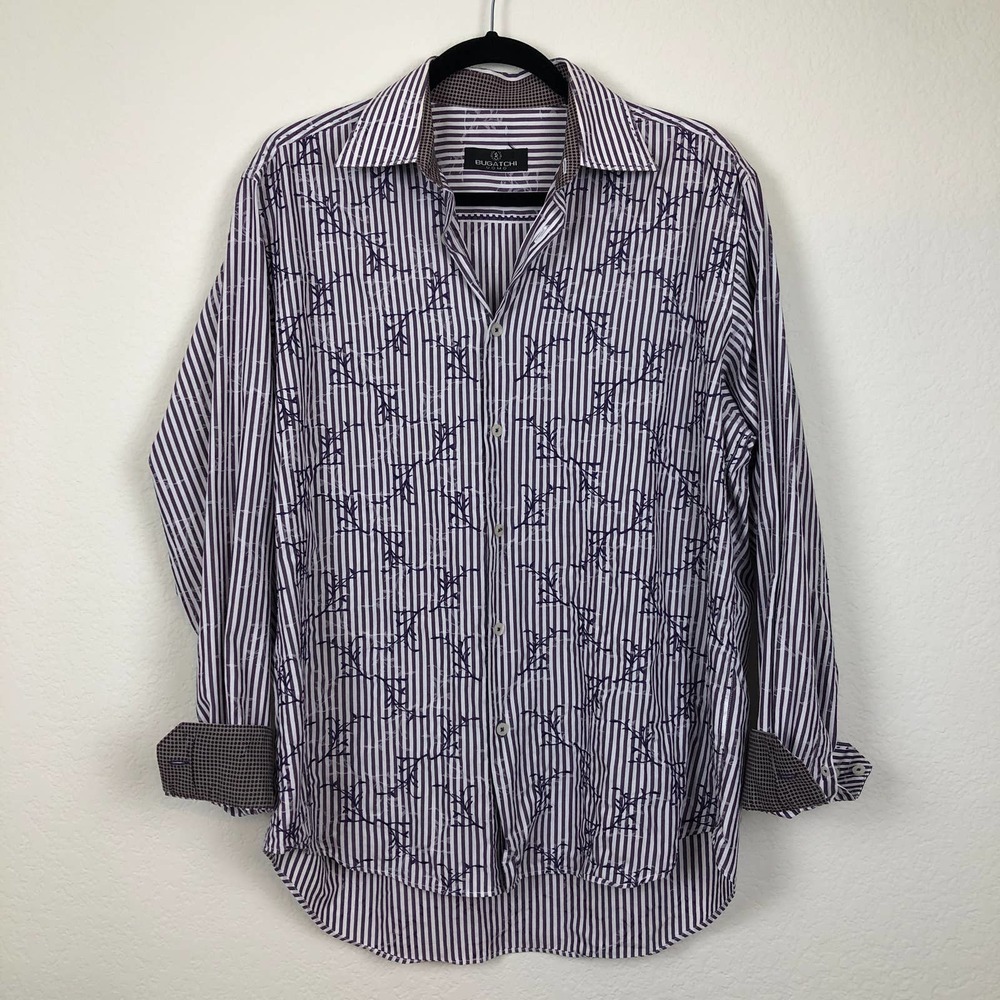 Bugatchi Uomo Shirt Mens Large Button Up Striped‎ Flip Cuff Embroidered Leaf